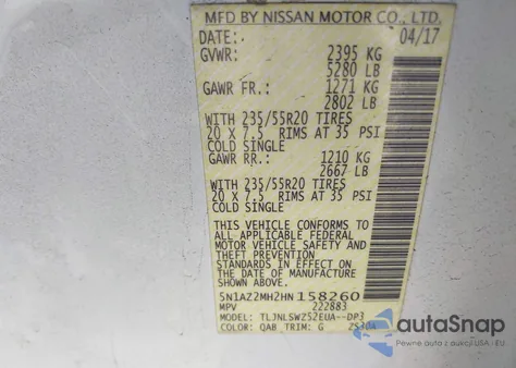 2017 Nissan Murano Platinum z USA, uszkodzony, nr VIN 5N1AZ2MH2HN158260